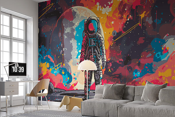 Astronaut in de ruimte met een grote rode en oranje ruimte achter hem Fotobehang Astronaut in de ruimte met een grote rode en oranje ruimte achter hem
