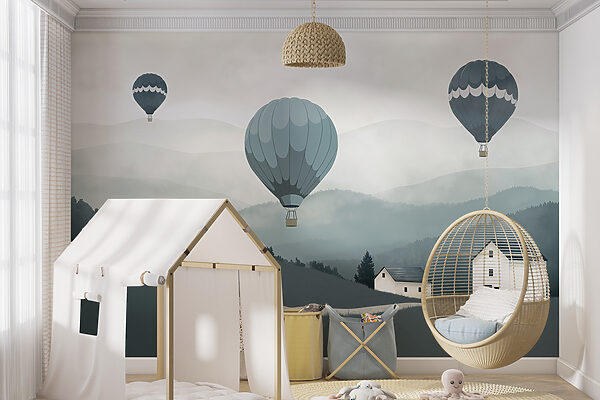 Groep heteluchtballonnen vliegend over een dorp Fotobehang Groep heteluchtballonnen vliegend over een dorp