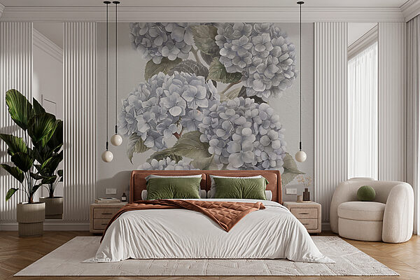 Fotobehang Elegante hortensia's in zacht monochroom