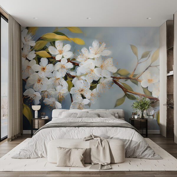 Witte bloemen aan een tak Fotobehang Witte bloemen aan een tak
