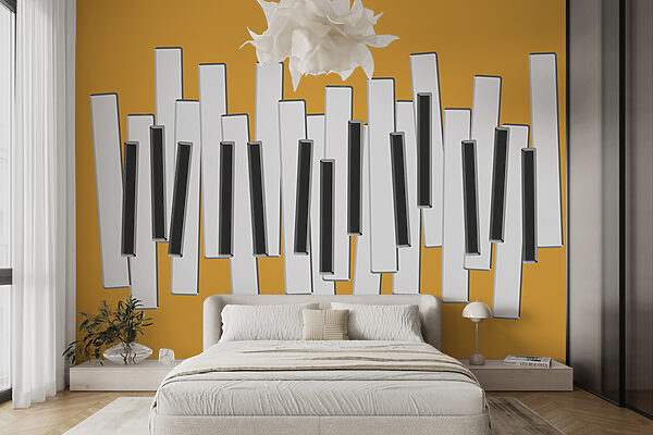 Pianotoetsen op gele achtergrond Fotobehang Pianotoetsen op gele achtergrond