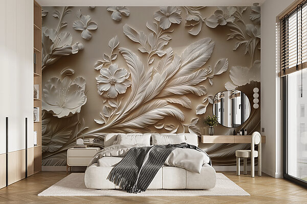 Wit bloemmotief op een muur Fotobehang Wit bloemmotief op een muur