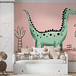 Fotobehang Cartoon dinosaurus met planten en bladeren