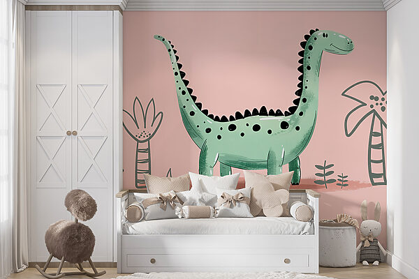 Fotobehang Cartoon dinosaurus met planten en bladeren