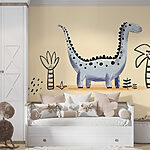 Fotobehang Cartoon dinosaurus met planten en bloemen