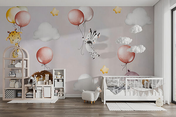 Behang met dieren en ballonnen Fotobehang Behang met dieren en ballonnen