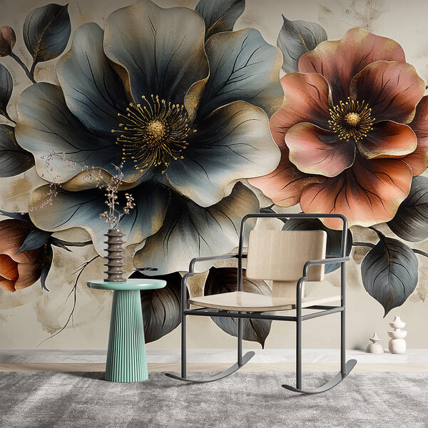 Schilderij van bloemen op een witte achtergrond Fotobehang Schilderij van bloemen op een witte achtergrond