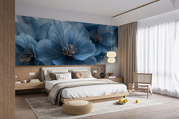 Blauwe bloemen op een wit oppervlak Fotobehang Blauwe bloemen op een wit oppervlak