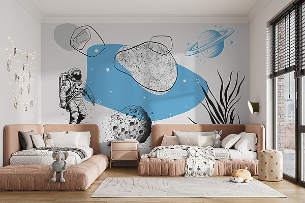 Tekening van een astronaut die door de ruimte rent Fotobehang Tekening van een astronaut die door de ruimte rent