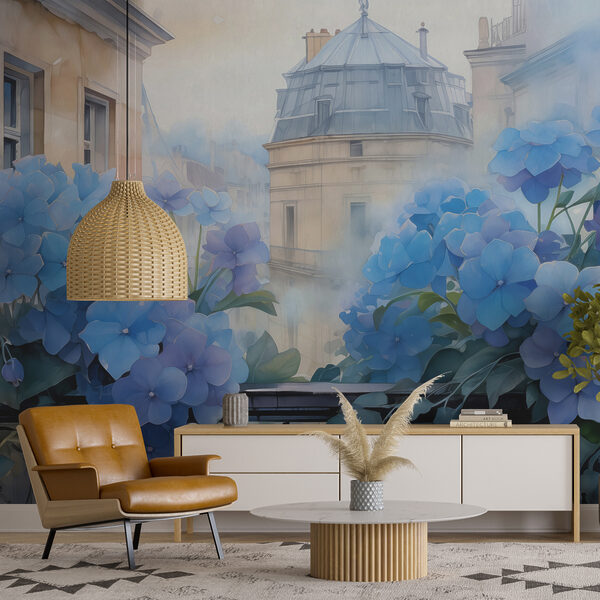 Schilderij van blauwe bloemen op een balkon Fotobehang Schilderij van blauwe bloemen op een balkon