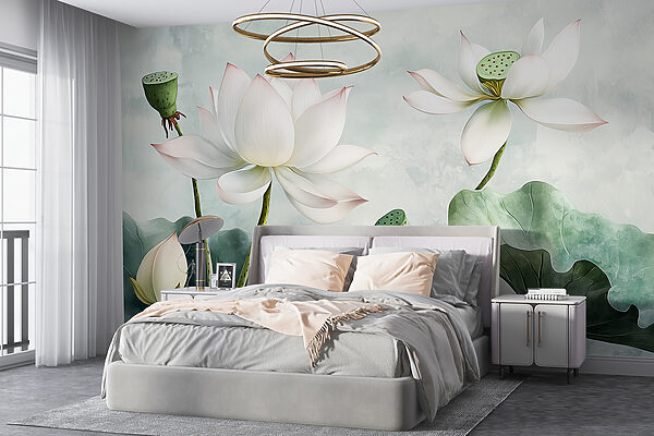 Fotobehang Serene lotusbloesems in gedempte tinten