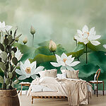 Fotobehang Groep witte bloemen en groene bladeren