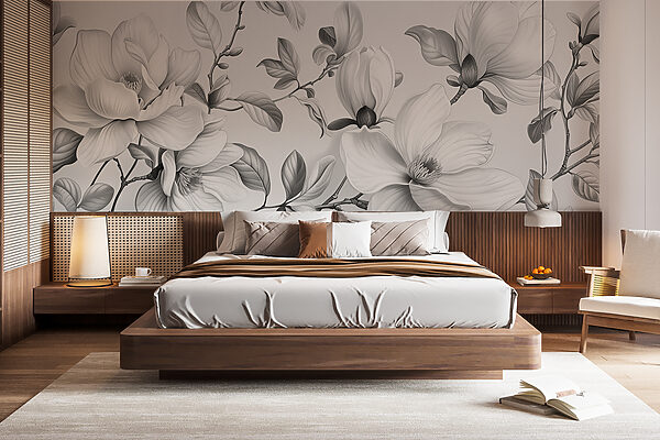 Elegante monochrome bloemenillustratie Fotobehang Elegante monochrome bloemenillustratie