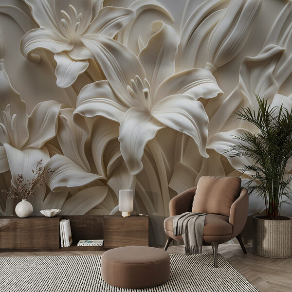 Witte bloem sculptuur op een muur Fotobehang Witte bloem sculptuur op een muur