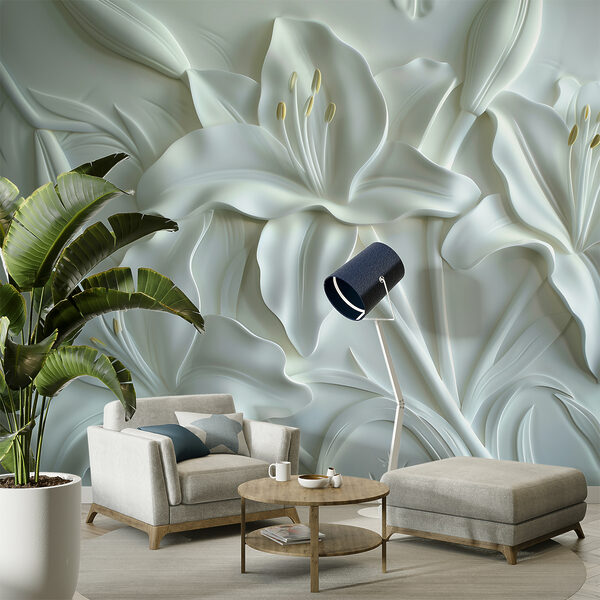 Fotobehang Snijwerk van witte bloemen op een muur (Artikelnummer: w01434v1) Fotobehang Fotobehang Snijwerk van witte bloemen op een muur (Artikelnummer: w01434v1)