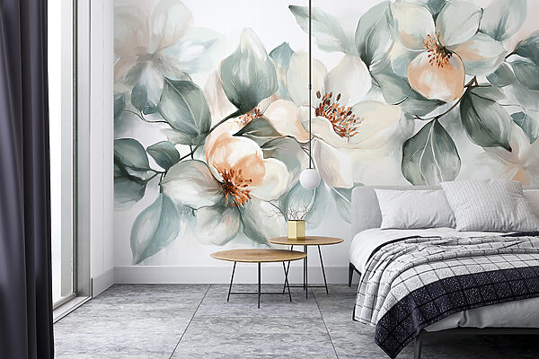 Schilderij van bloemen en bladeren Fotobehang Schilderij van bloemen en bladeren