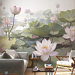 Fotobehang Groep roze bloemen en groene bladeren