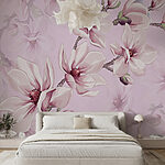 Fotobehang Bloeiende magnolia's op roze achtergrond