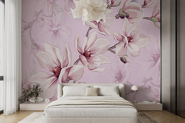 Bloeiende magnolia's op roze achtergrond Fotobehang Bloeiende magnolia's op roze achtergrond