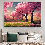 Canvas Schilderijen Veld met roze bloemen en bomen