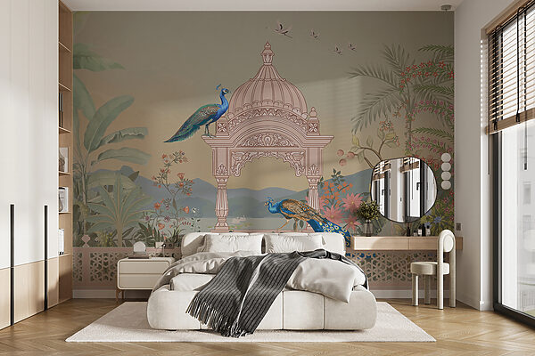 Muurschildering van een gebouw met een dak en vogels Fotobehang Muurschildering van een gebouw met een dak en vogels