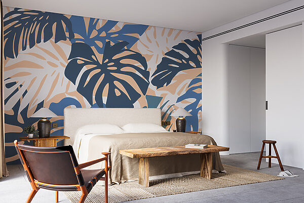 Fotobehang Blauwe en witte bladeren