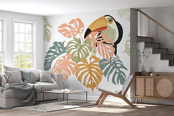Vogel met een grote snavel en kleurrijke bladeren Fotobehang Vogel met een grote snavel en kleurrijke bladeren