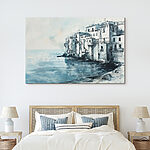 Canvas Schilderijen Aquarel van een gebouw naast een waterlichaam