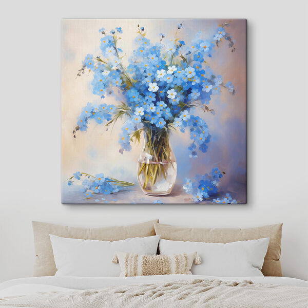 Schilderij van blauwe bloemen in een vaas Canvas Schilderijen Schilderij van blauwe bloemen in een vaas