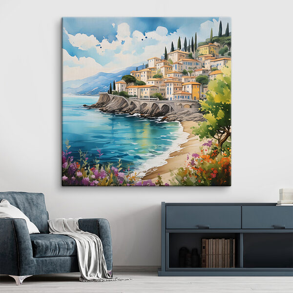 Schilderij van een stad op een klif aan het water Canvas Schilderijen Schilderij van een stad op een klif aan het water