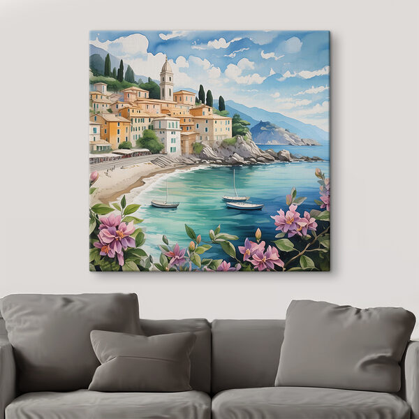 Schilderij van een stad op een strand met boten en bloemen Canvas Schilderijen Schilderij van een stad op een strand met boten en bloemen