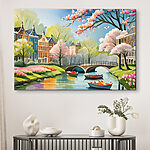 Canvas Schilderijen Schilderij van een rivier met boten en een brug en bomen