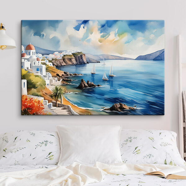Aquarel van een stad op een klif Canvas Schilderijen Aquarel van een stad op een klif