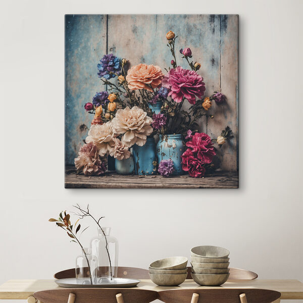 Groep kleurrijke bloemen in blauwe vazen Canvas Schilderijen Groep kleurrijke bloemen in blauwe vazen