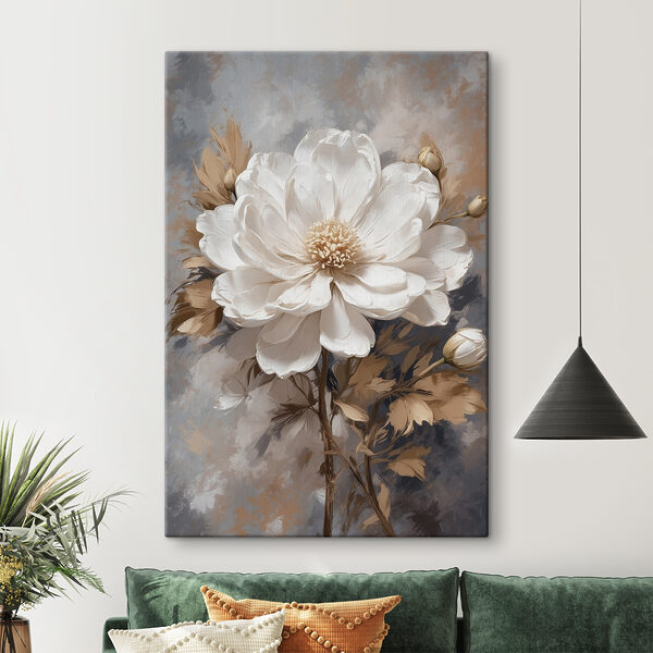 Witte bloem met bruine bladeren Canvas Schilderijen Witte bloem met bruine bladeren