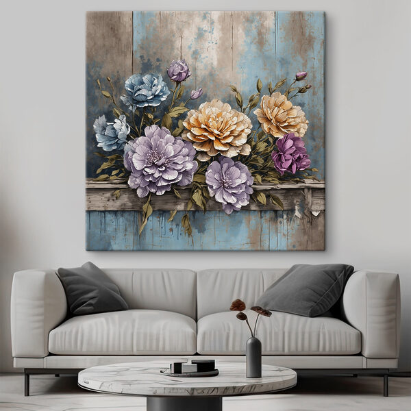 Schilderij van bloemen op een houten richel Canvas Schilderijen Schilderij van bloemen op een houten richel