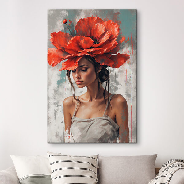 Vrouw met rode bloemen op haar hoofd Canvas Schilderijen Vrouw met rode bloemen op haar hoofd