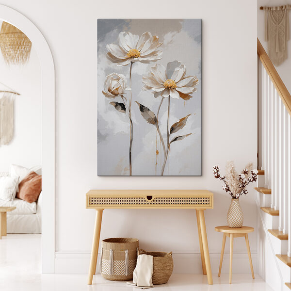 Groep witte bloemen met bladeren Canvas Schilderijen Groep witte bloemen met bladeren