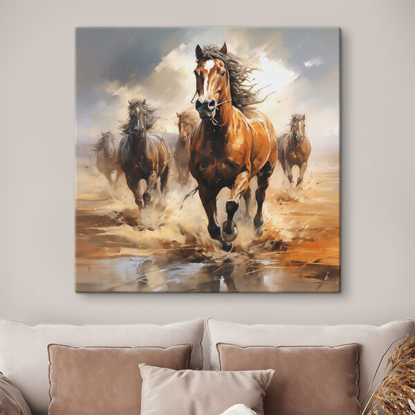Groep paarden loopt door water Canvas Schilderijen Groep paarden loopt door water
