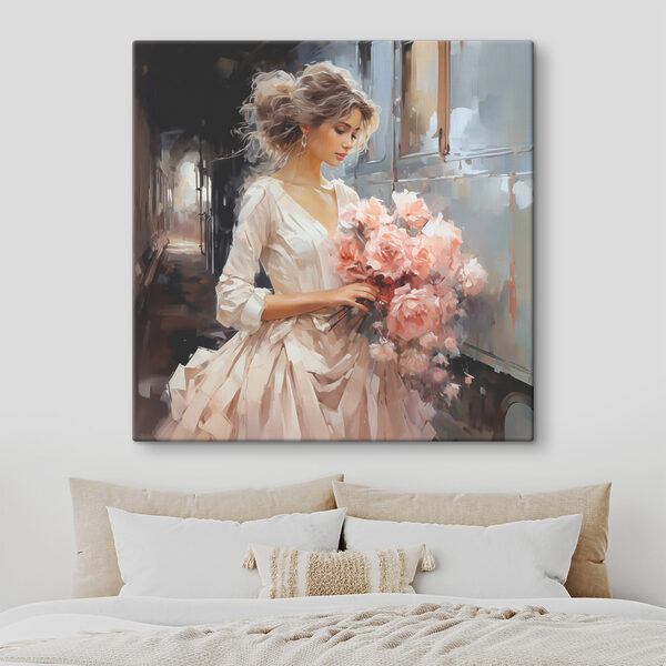Vrouw met bloemen in een trein Canvas Schilderijen Vrouw met bloemen in een trein