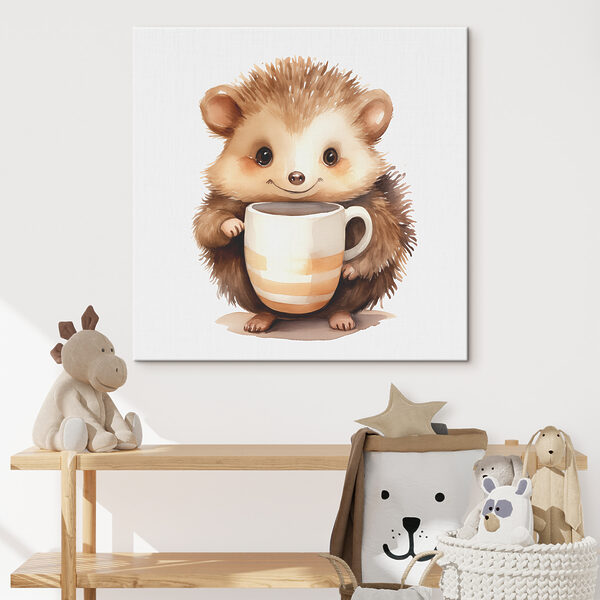 Aquarel van een egel die een beker vasthoudt Canvas Schilderijen Aquarel van een egel die een beker vasthoudt