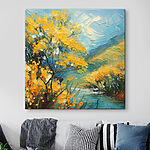 Canvas Schilderijen Schilderij van een rivier met gele bloemen