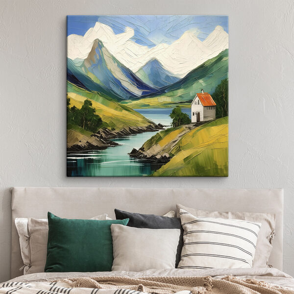 Schilderij van een huis op een heuvel bij een rivier Canvas Schilderijen Schilderij van een huis op een heuvel bij een rivier