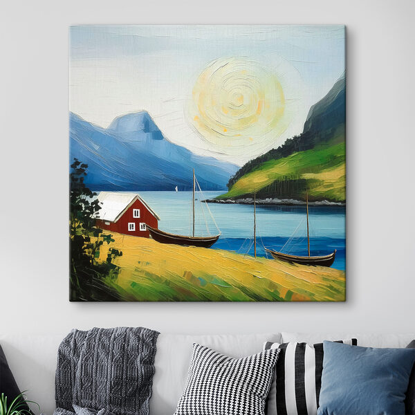 Schilderij van een huis en boten op een meer Canvas Schilderijen Schilderij van een huis en boten op een meer