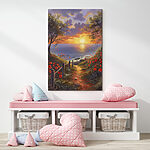 Canvas Schilderijen Schilderij van een pad naar een waterlichaam met bloemen