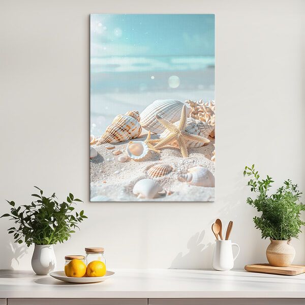 Groep schelpen en zeesterren op zand Canvas Schilderijen Groep schelpen en zeesterren op zand