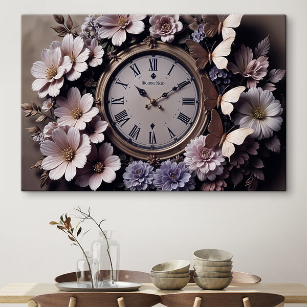 Klok omringd door bloemen Canvas Schilderijen Klok omringd door bloemen