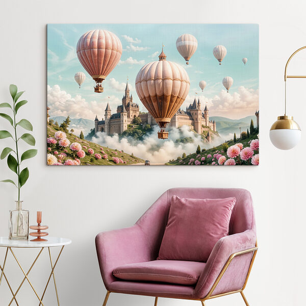 Kasteel met heteluchtballonnen Canvas Schilderijen Kasteel met heteluchtballonnen