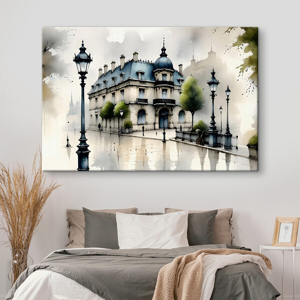 Schilderij van een gebouw met bomen en een straatlantaarn Canvas Schilderijen Schilderij van een gebouw met bomen en een straatlantaarn