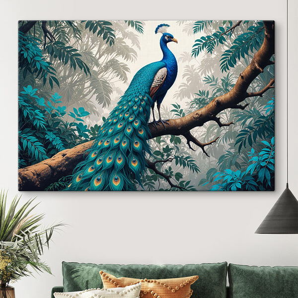 Pauw op een boomtak Canvas Schilderijen Pauw op een boomtak